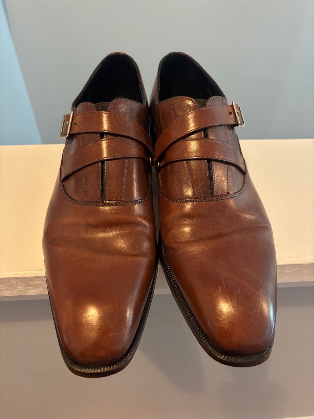 Men's Tan Leather Double Monk Strap Dress Shoes